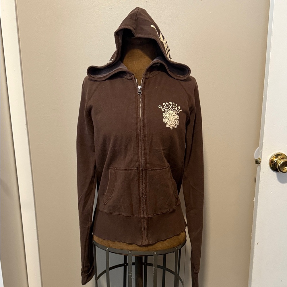 Lucky Brand Brown Zip-Up Hoodie with Embroidered Detail